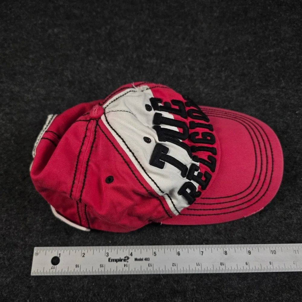 Y2K True Religion Distressed Hat Red White Embroidered Logo Baseball Trucker Cap